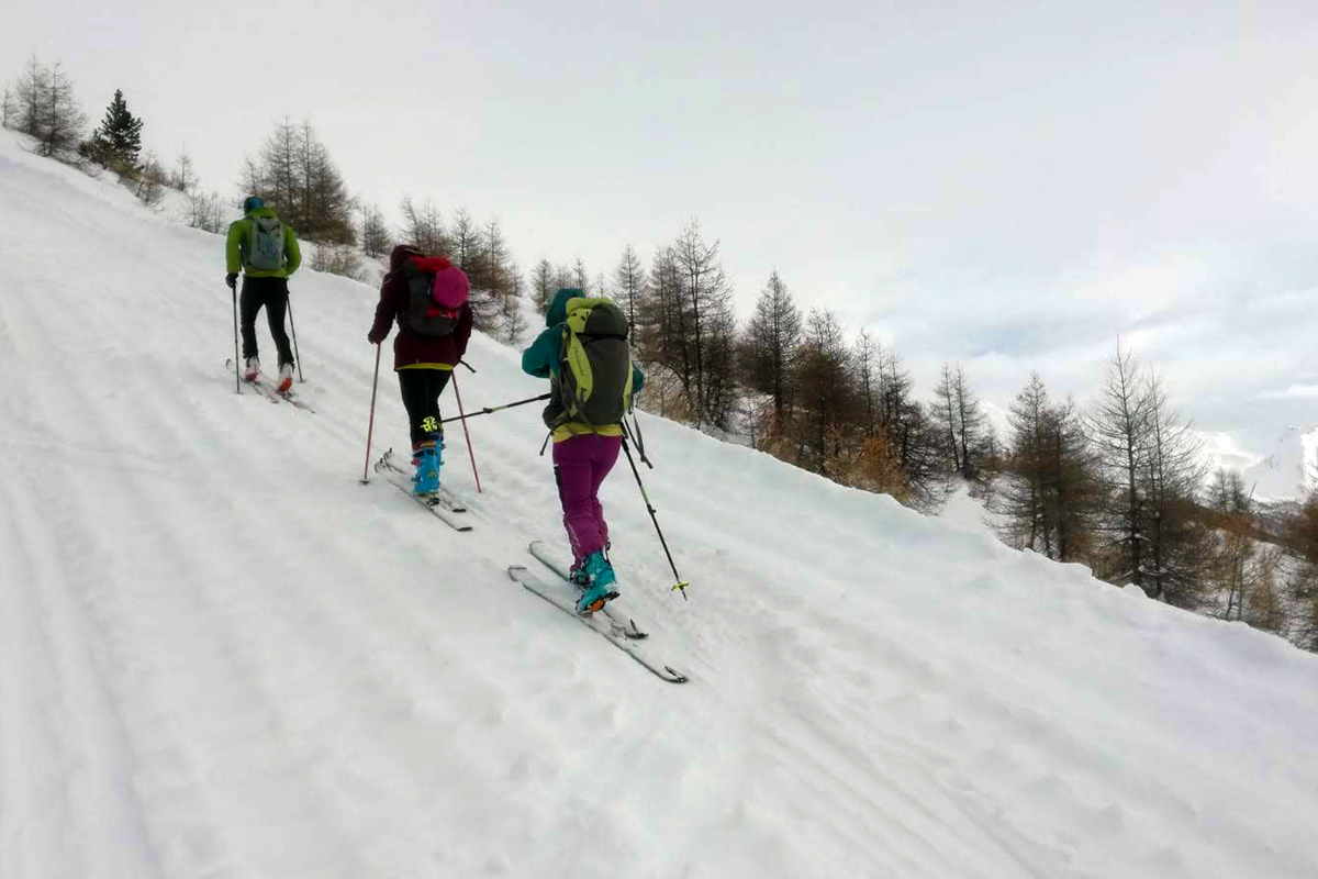 tre ragazzi risalgono un pendio innevato con gli sci da alpinismo